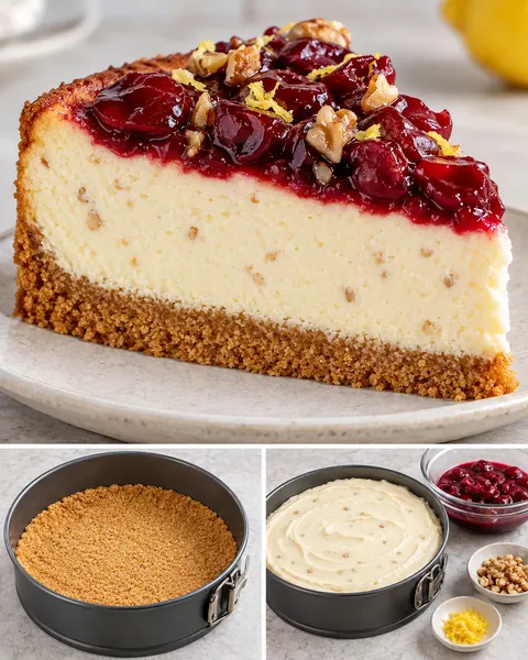 Baked cheesecake with cherries and lemon — walnuts