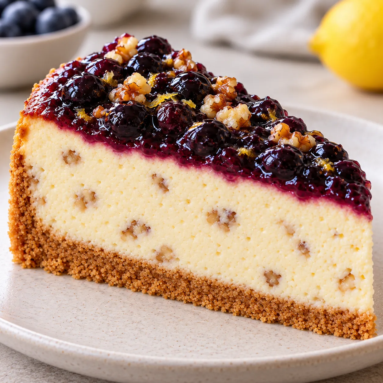 Baked cheesecake with blueberries and lemon — walnuts