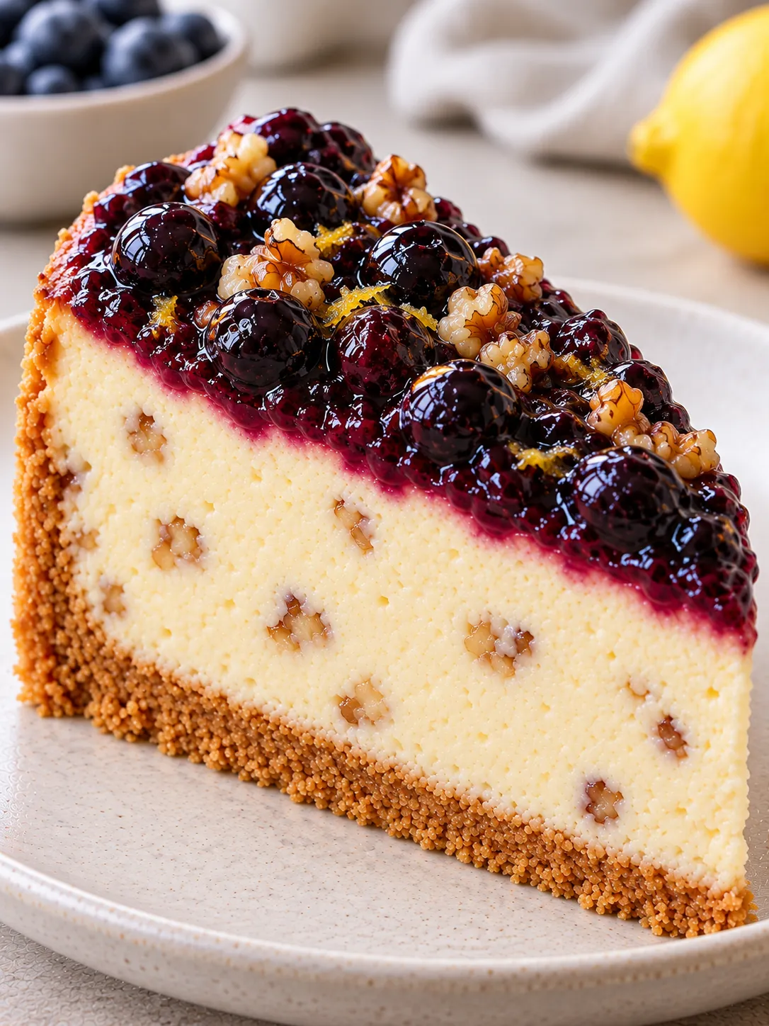 Baked cheesecake with blueberries and lemon — walnuts