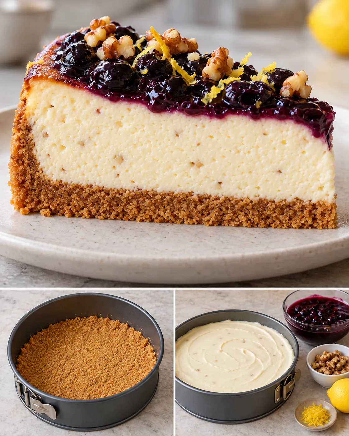 Baked cheesecake with blueberries and lemon — walnuts