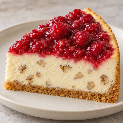 Baked cheesecake with raspberries and vanilla — walnuts