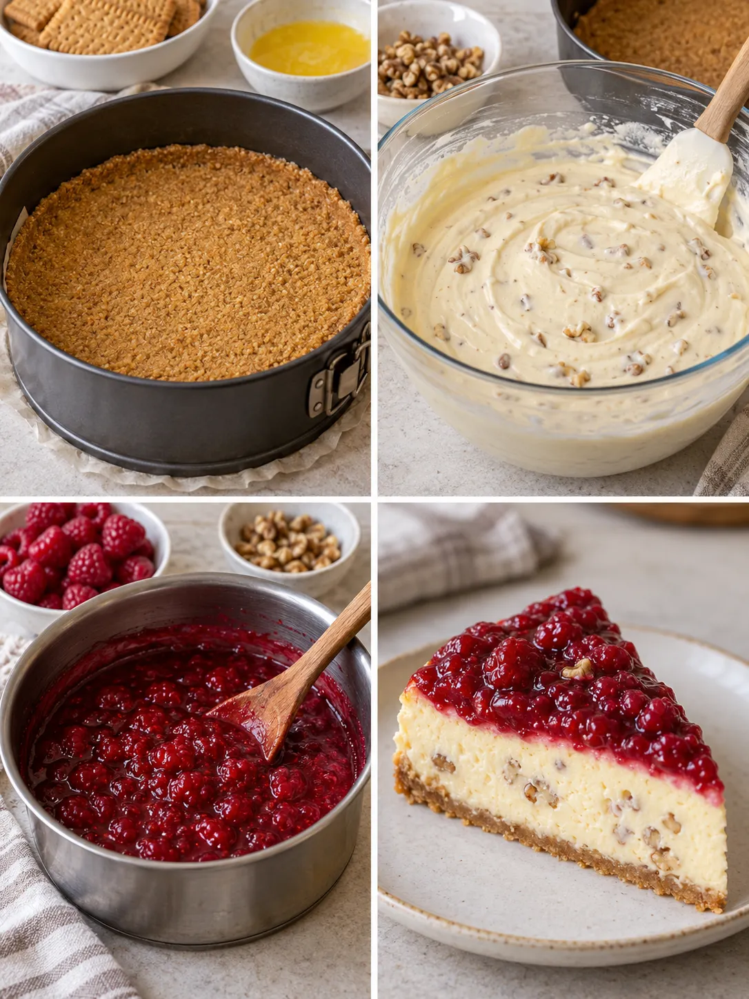 Baked cheesecake with raspberries and vanilla — walnuts