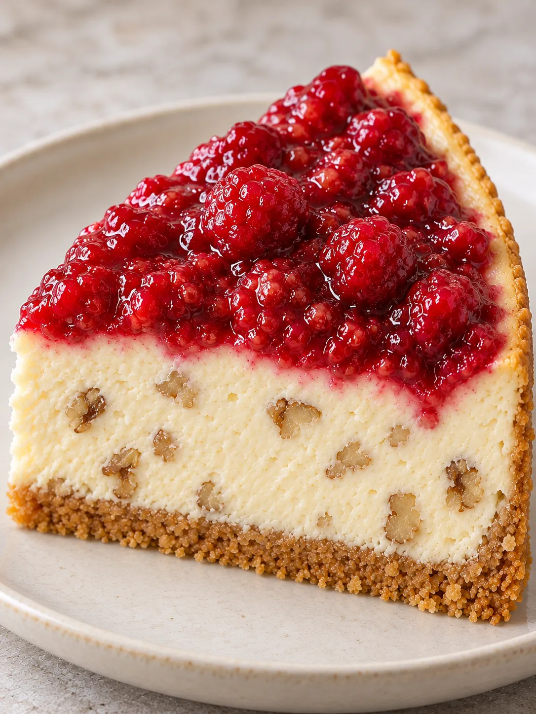 Baked cheesecake with raspberries and vanilla — walnuts
