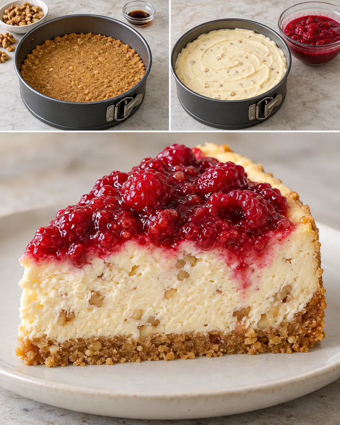 Baked cheesecake with raspberries and vanilla — walnuts