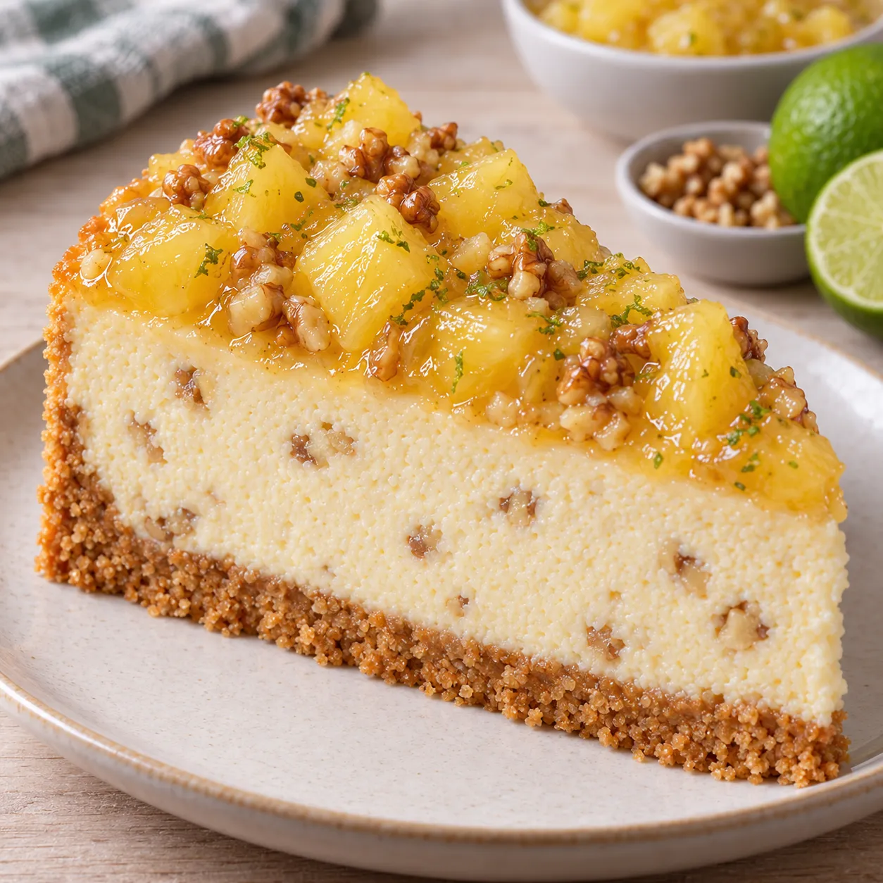 Baked cheesecake with pineapple and lime — walnuts