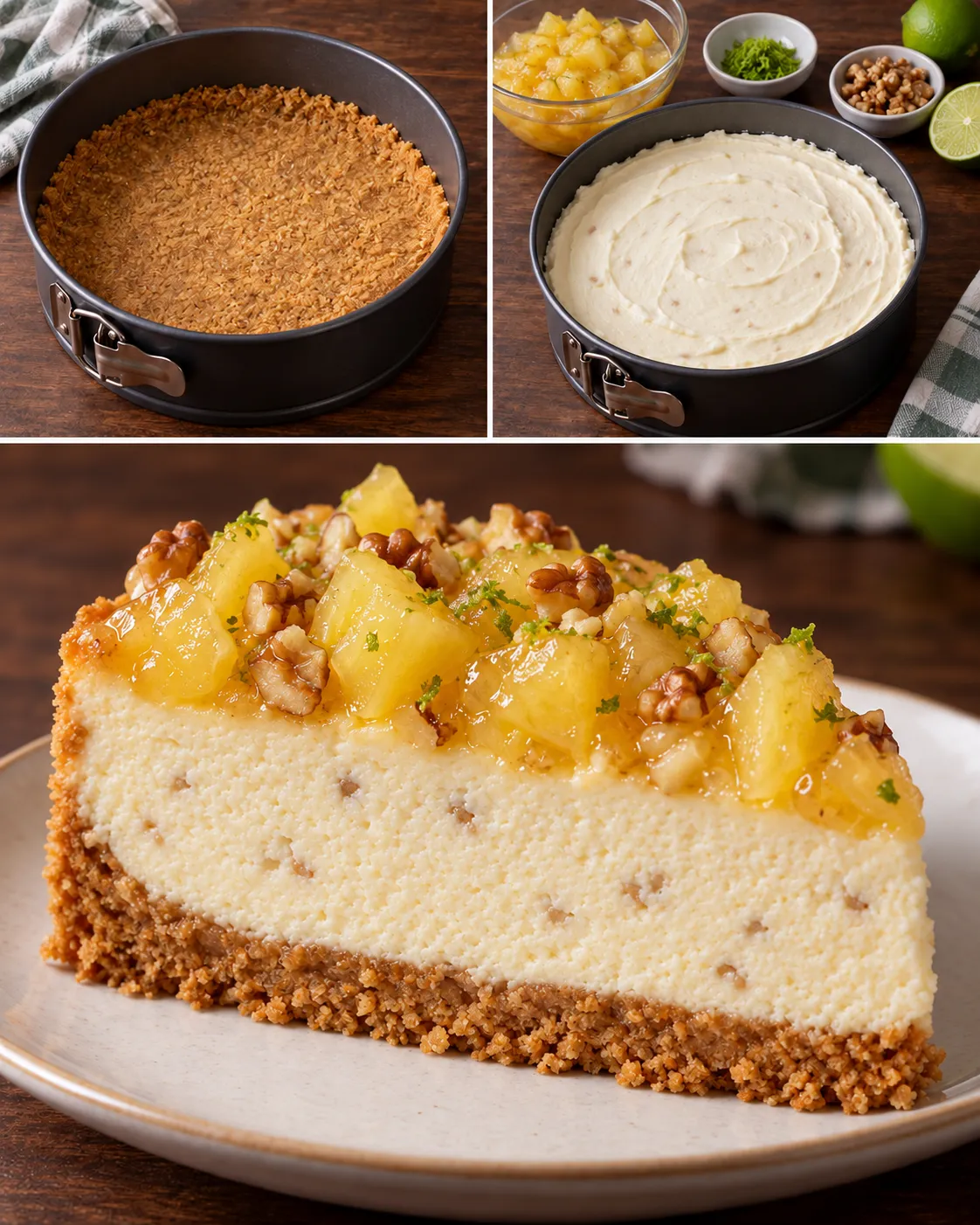 Baked cheesecake with pineapple and lime — walnuts