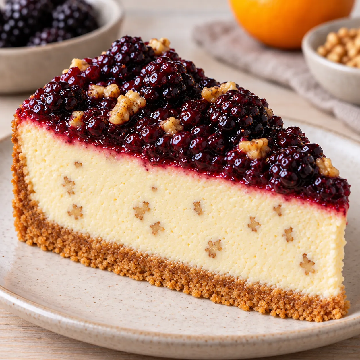 Baked cheesecake with blackberries and orange — walnuts