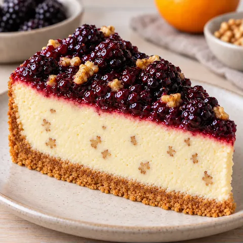 Baked cheesecake with blackberries and orange — walnuts