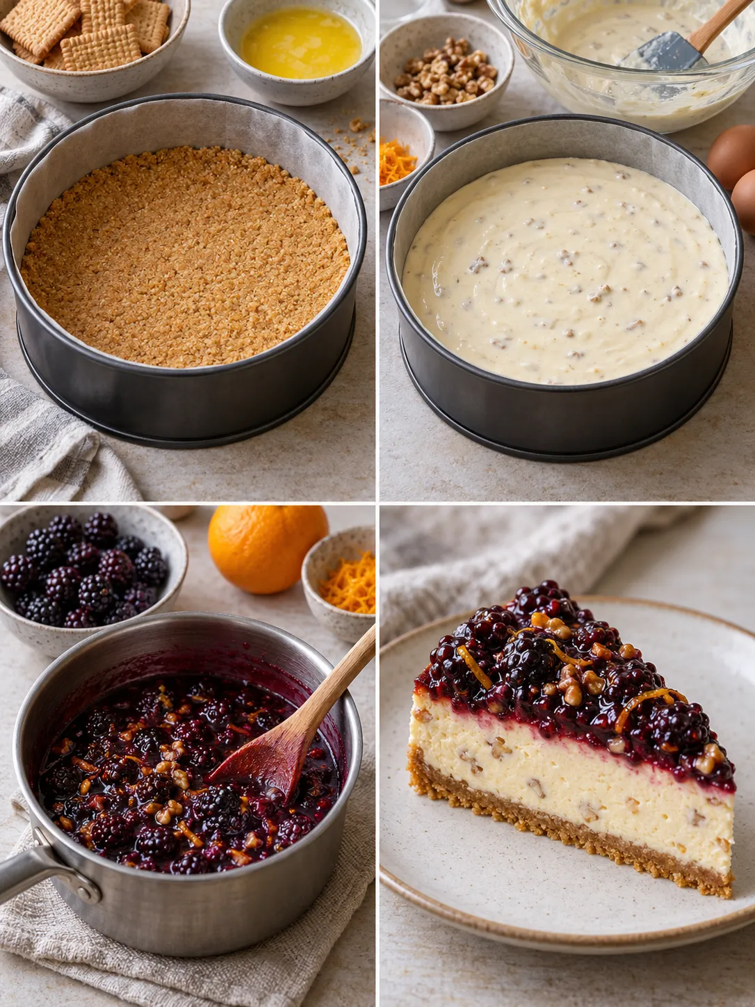 Baked cheesecake with blackberries and orange — walnuts