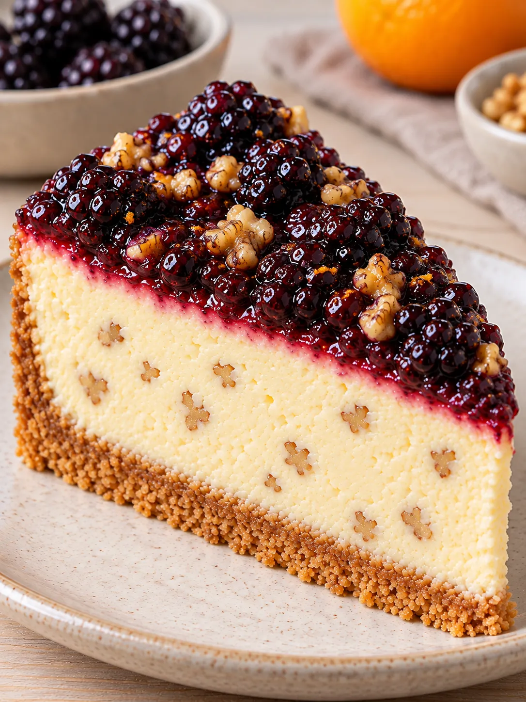 Baked cheesecake with blackberries and orange — walnuts