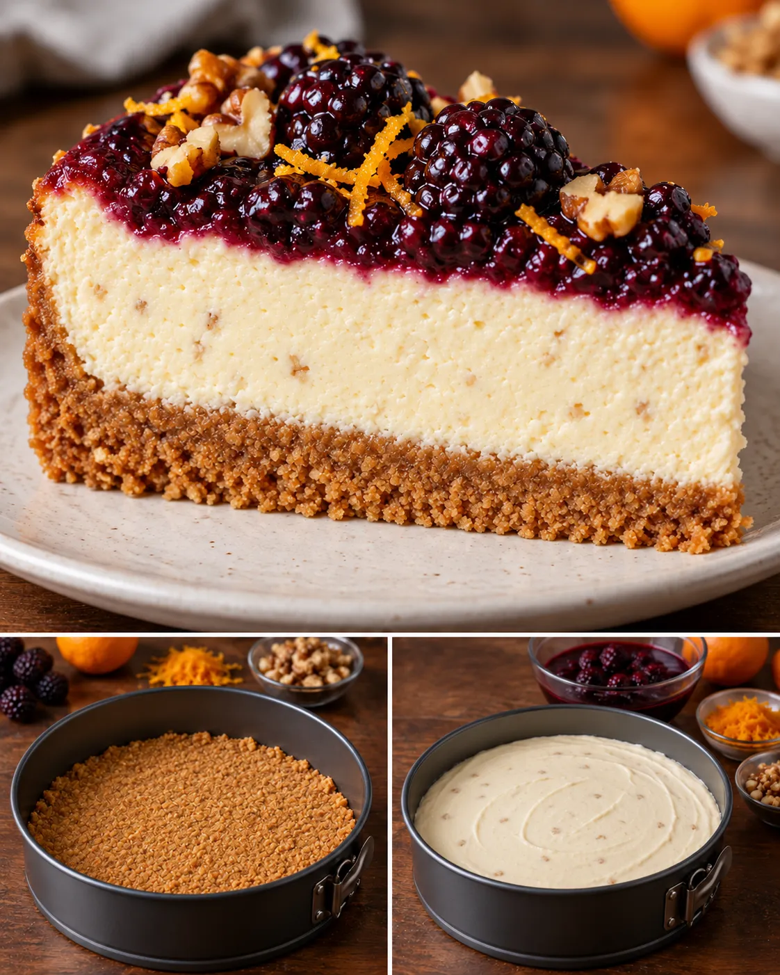 Baked cheesecake with blackberries and orange — walnuts