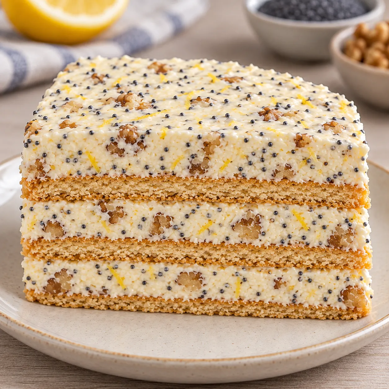 No-bake biscuit cake with lemon and poppy seeds — walnuts
