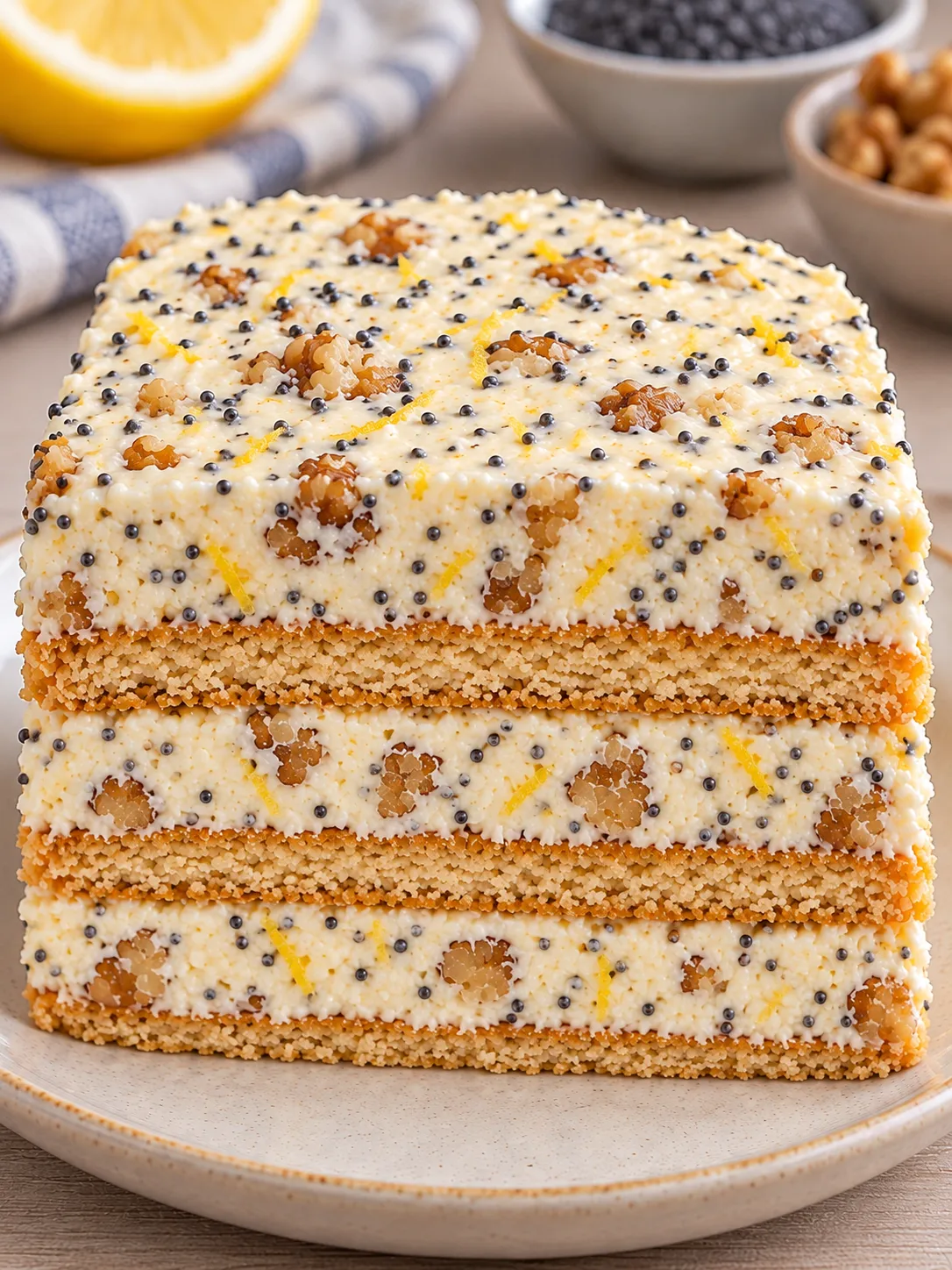 No-bake biscuit cake with lemon and poppy seeds — walnuts