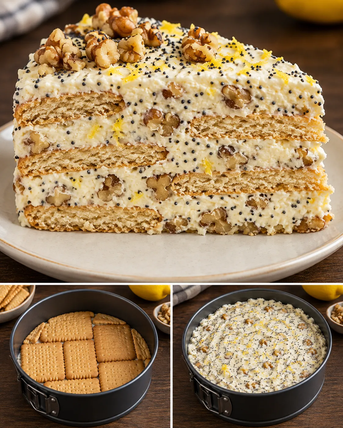 No-bake biscuit cake with lemon and poppy seeds — walnuts