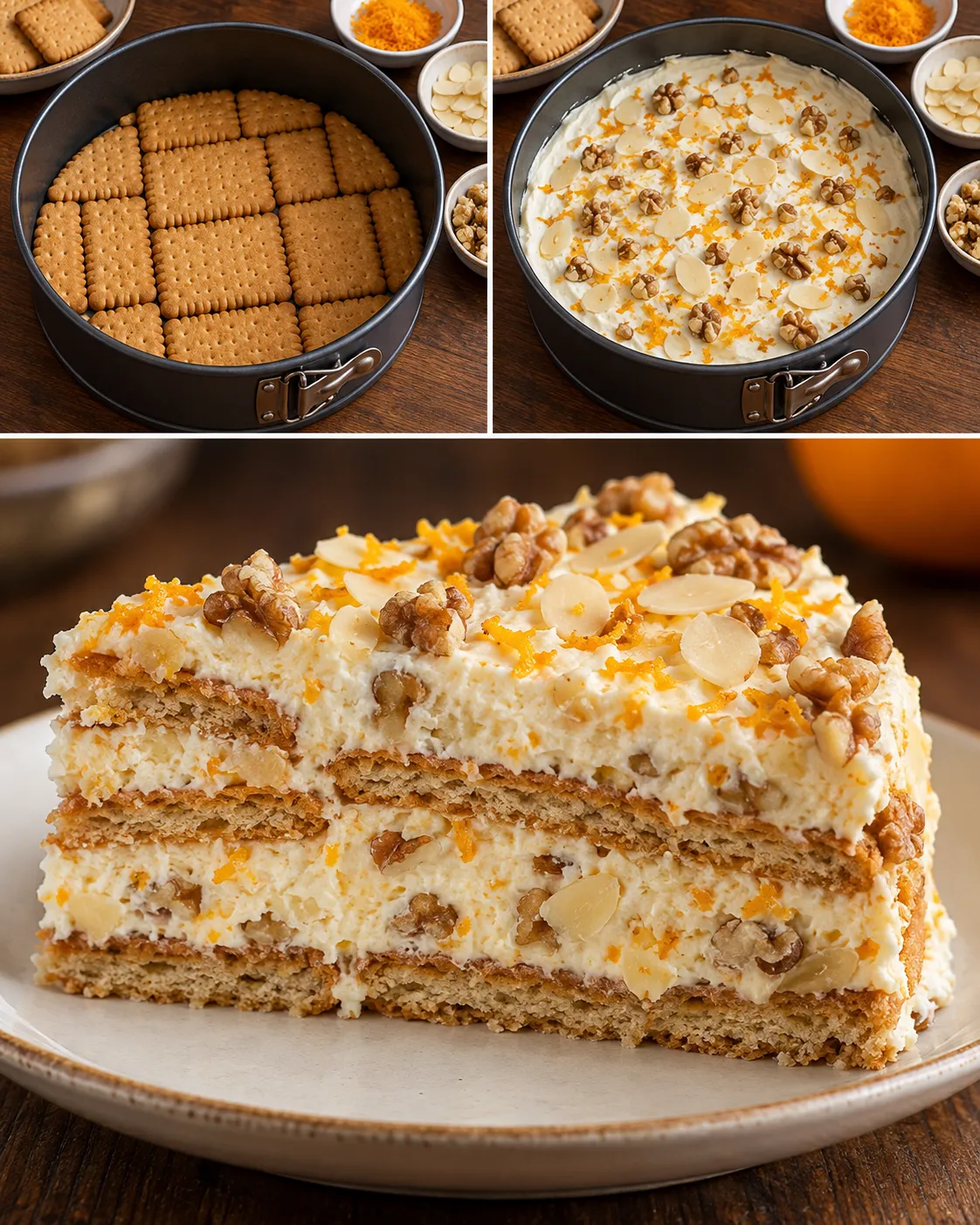 No-bake biscuit cake with orange and almonds — walnuts