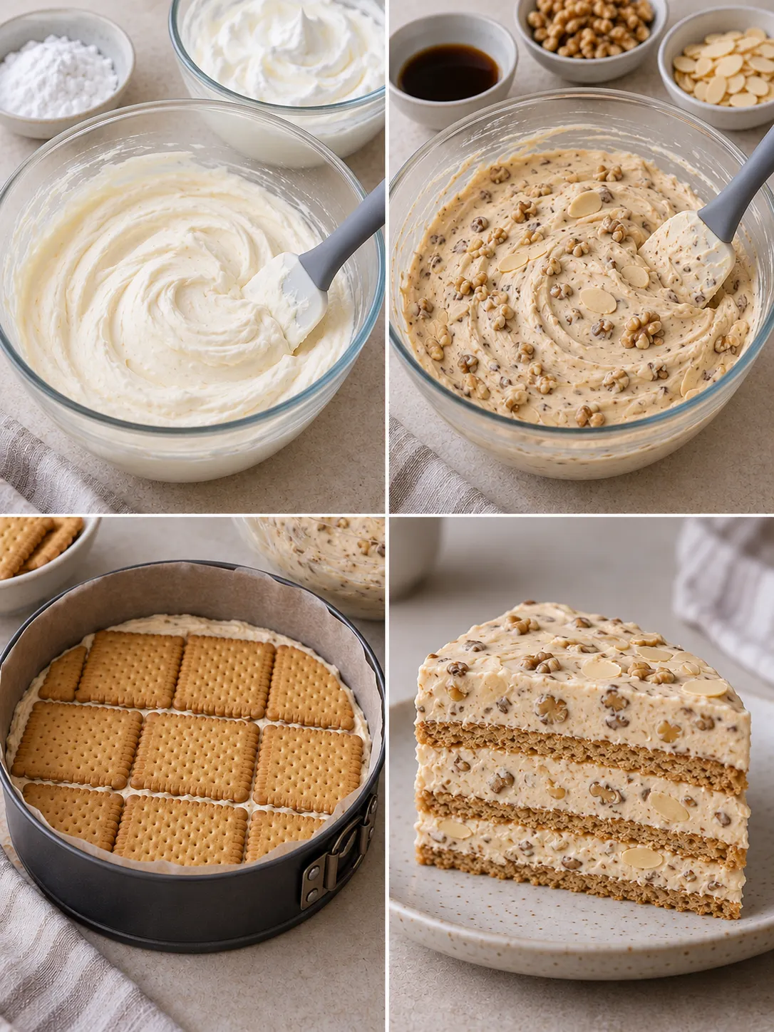 No-bake biscuit cake with coffee and walnuts — almonds