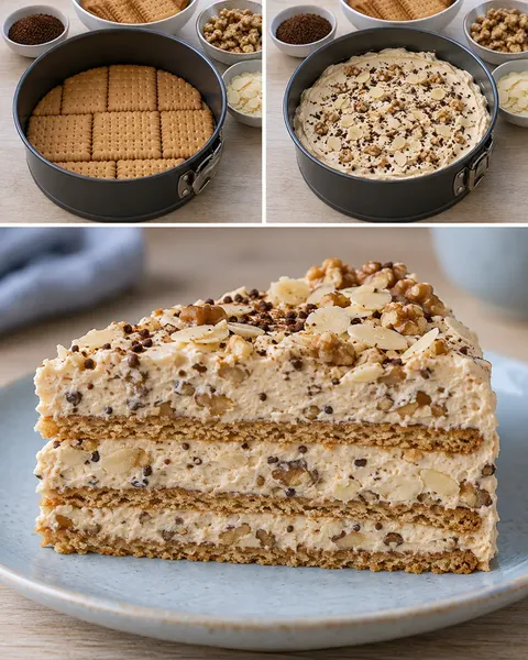No-bake biscuit cake with coffee and walnuts — almonds