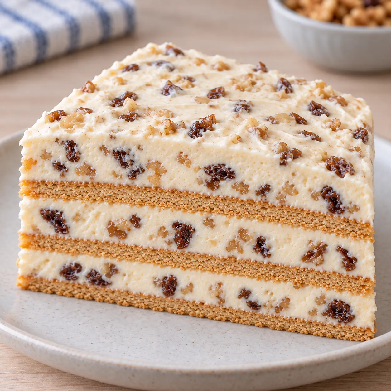 No-bake biscuit cake with vanilla and raisins — walnuts