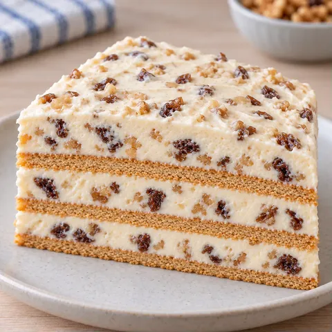 No-bake biscuit cake with vanilla and raisins — walnuts