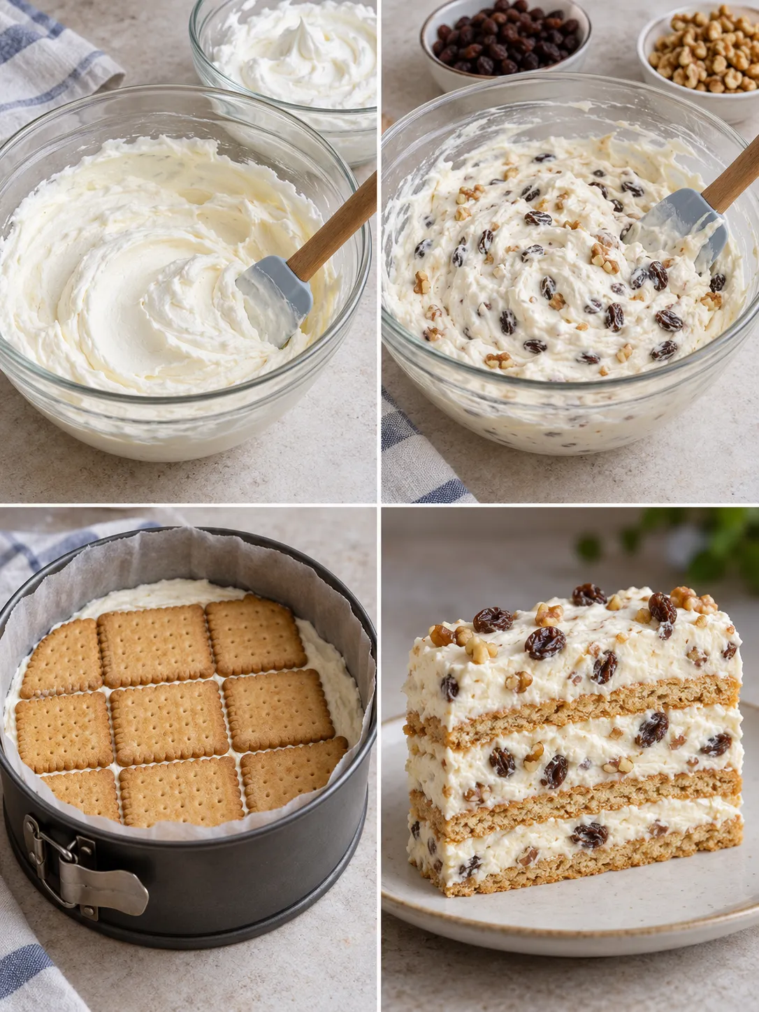 No-bake biscuit cake with vanilla and raisins — walnuts