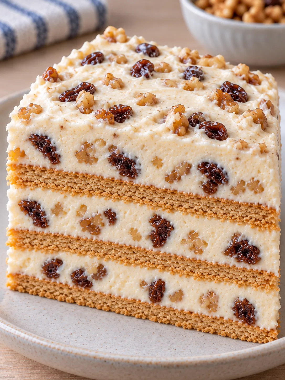 No-bake biscuit cake with vanilla and raisins — walnuts