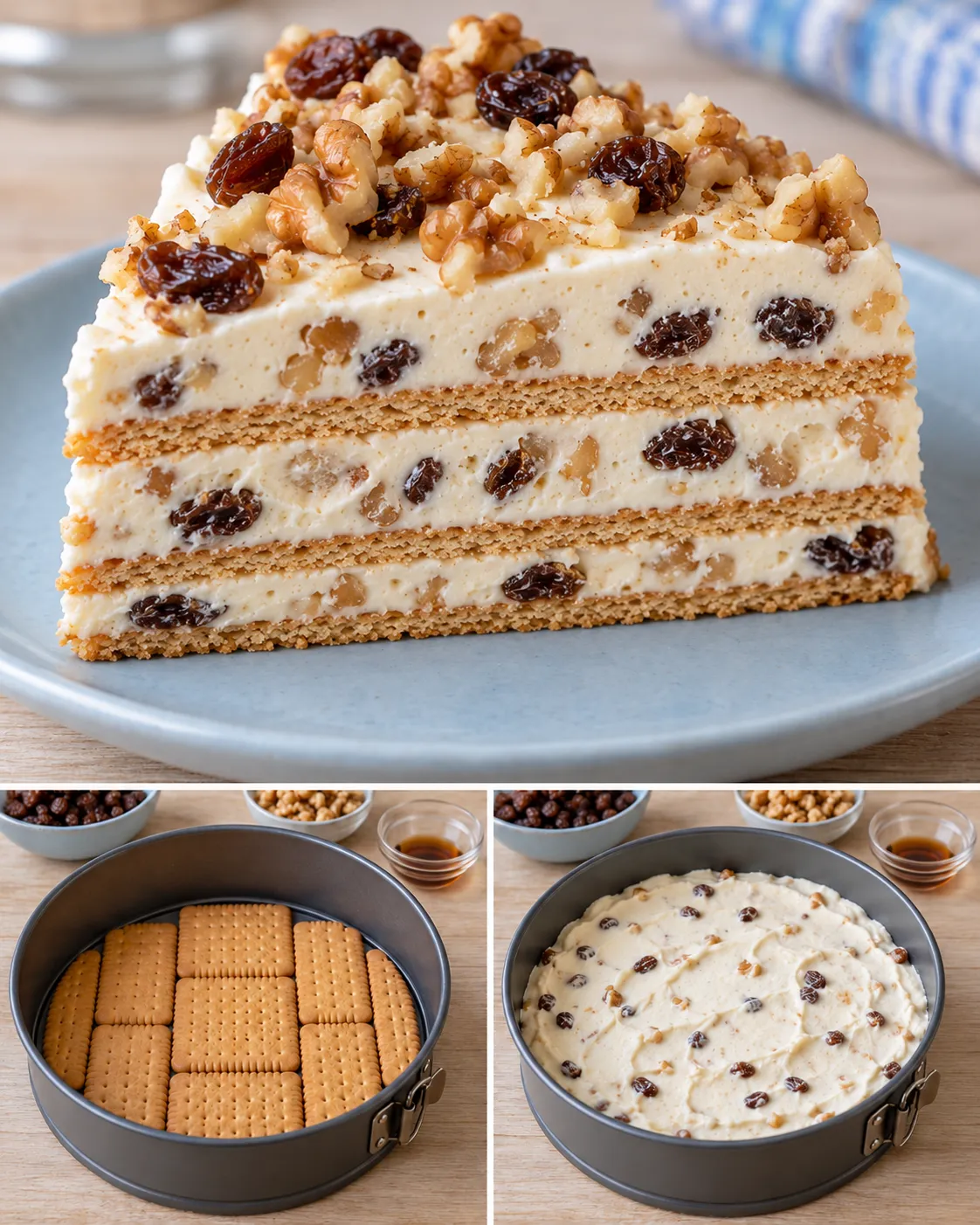 No-bake biscuit cake with vanilla and raisins — walnuts