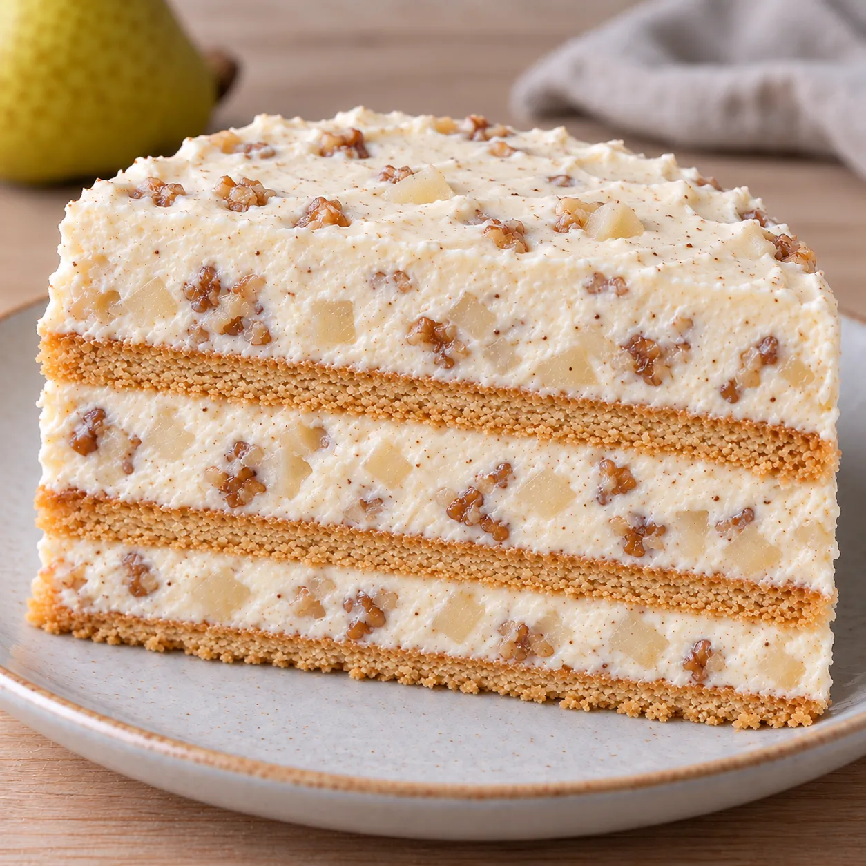 No-bake biscuit cake with cardamom and pear — walnuts