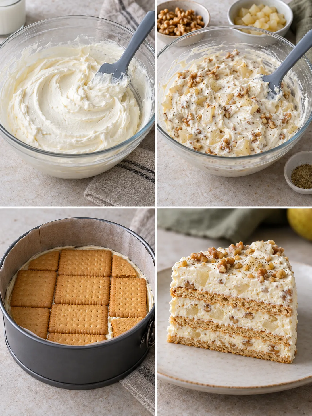 No-bake biscuit cake with cardamom and pear — walnuts