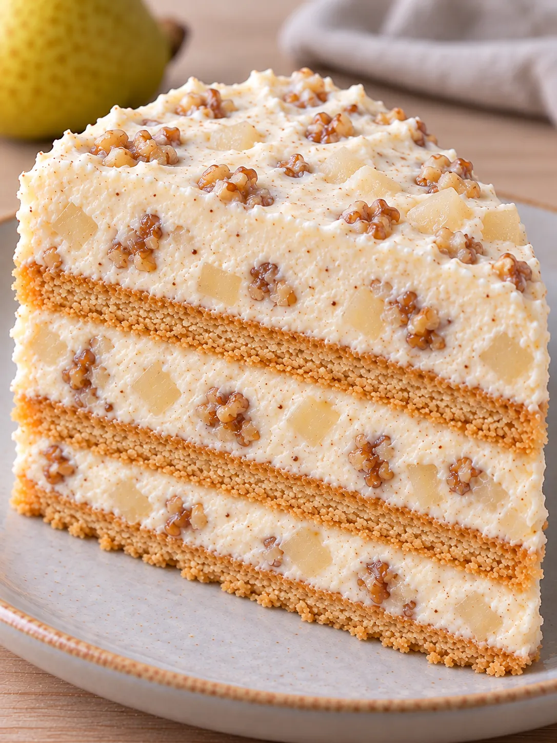 No-bake biscuit cake with cardamom and pear — walnuts