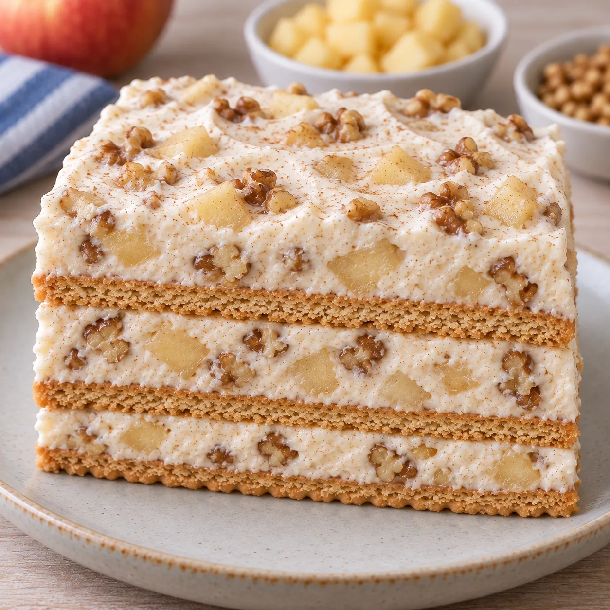 No-bake biscuit cake with cinnamon and apple — walnuts