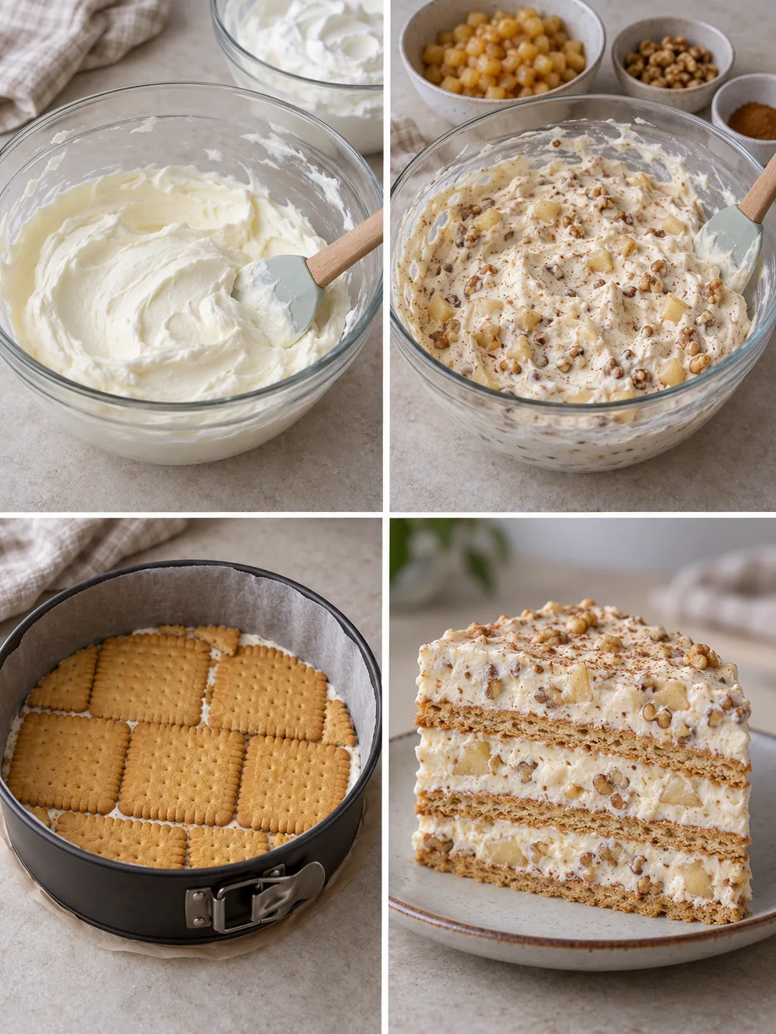 No-bake biscuit cake with cinnamon and apple — walnuts