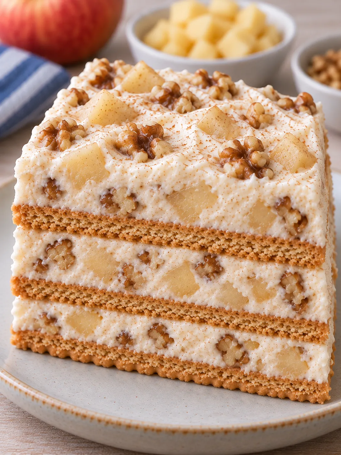No-bake biscuit cake with cinnamon and apple — walnuts