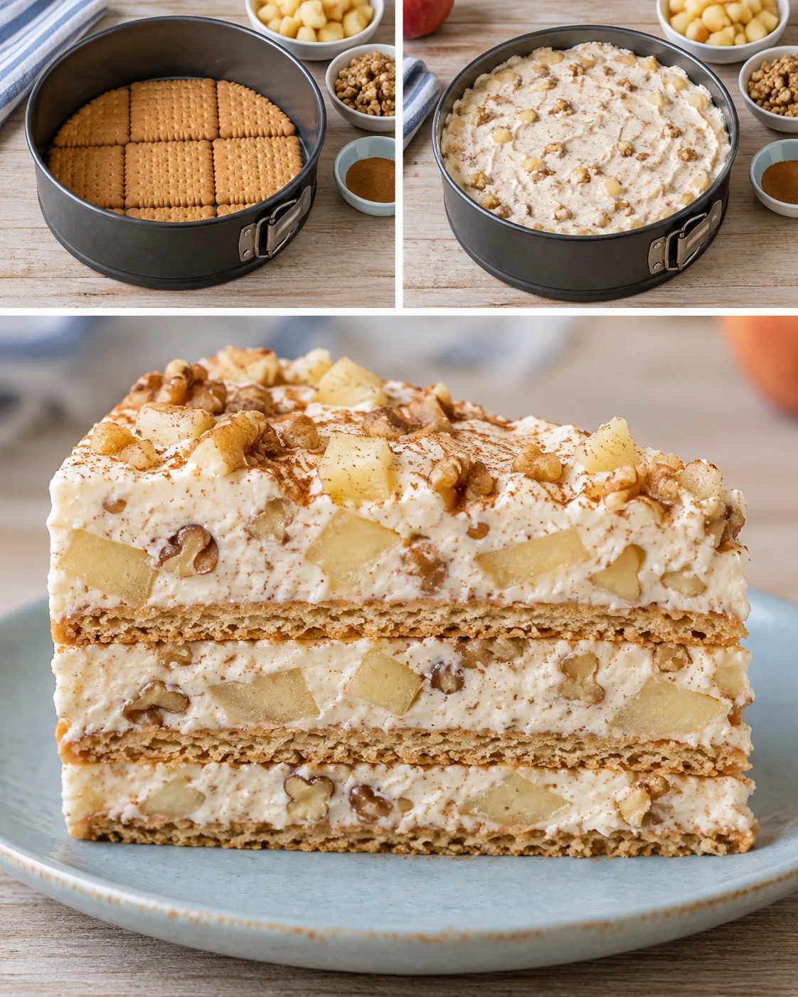 No-bake biscuit cake with cinnamon and apple — walnuts