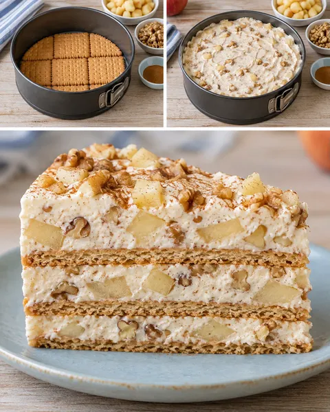 No-bake biscuit cake with cinnamon and apple — walnuts