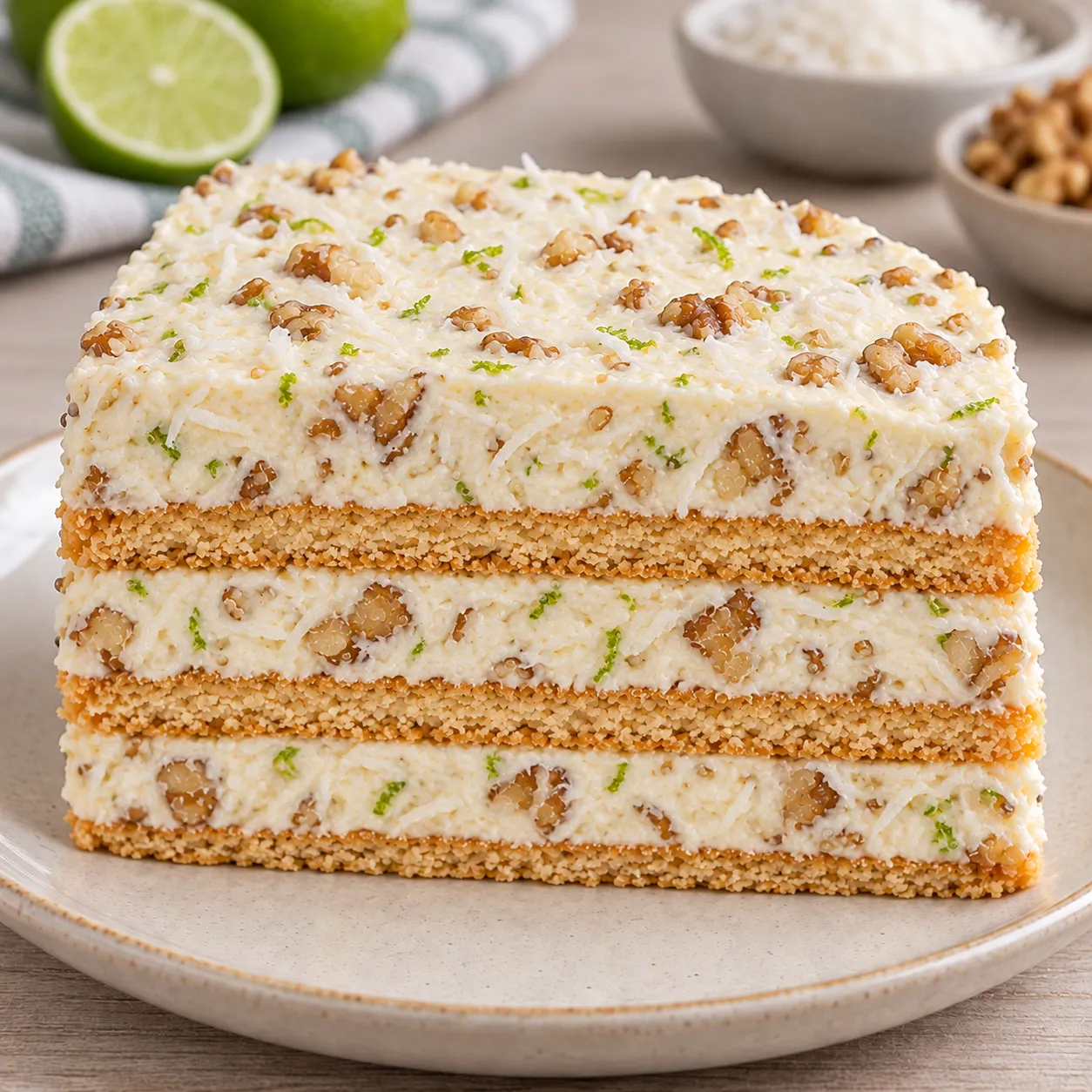 No-bake biscuit cake with coconut and lime — walnuts