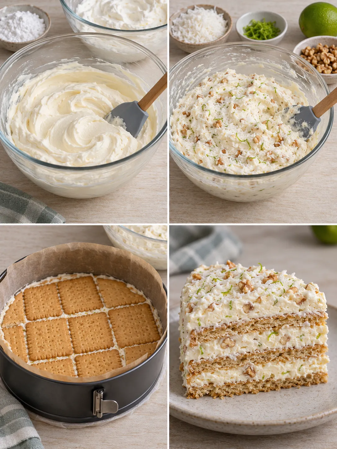 No-bake biscuit cake with coconut and lime — walnuts