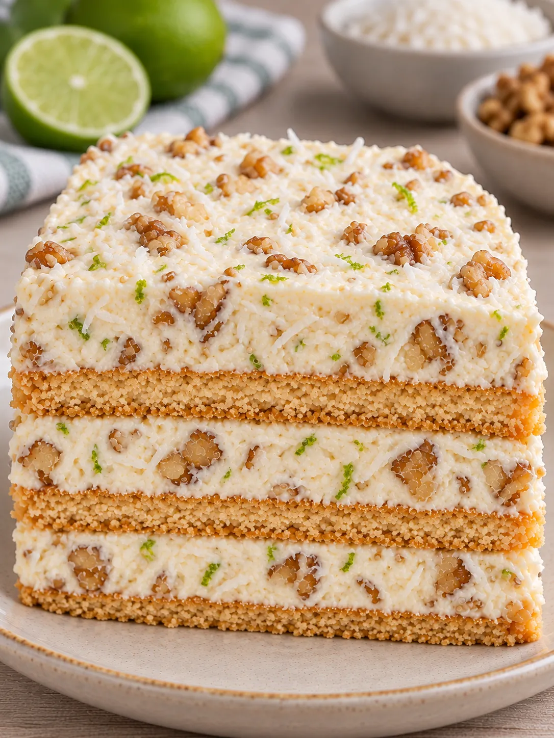 No-bake biscuit cake with coconut and lime — walnuts
