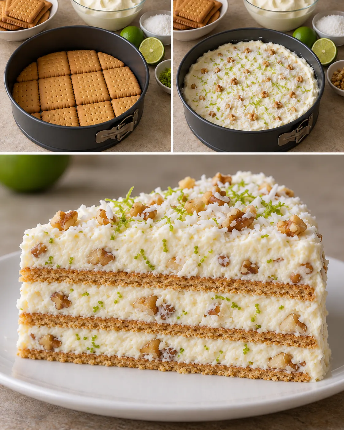 No-bake biscuit cake with coconut and lime — walnuts