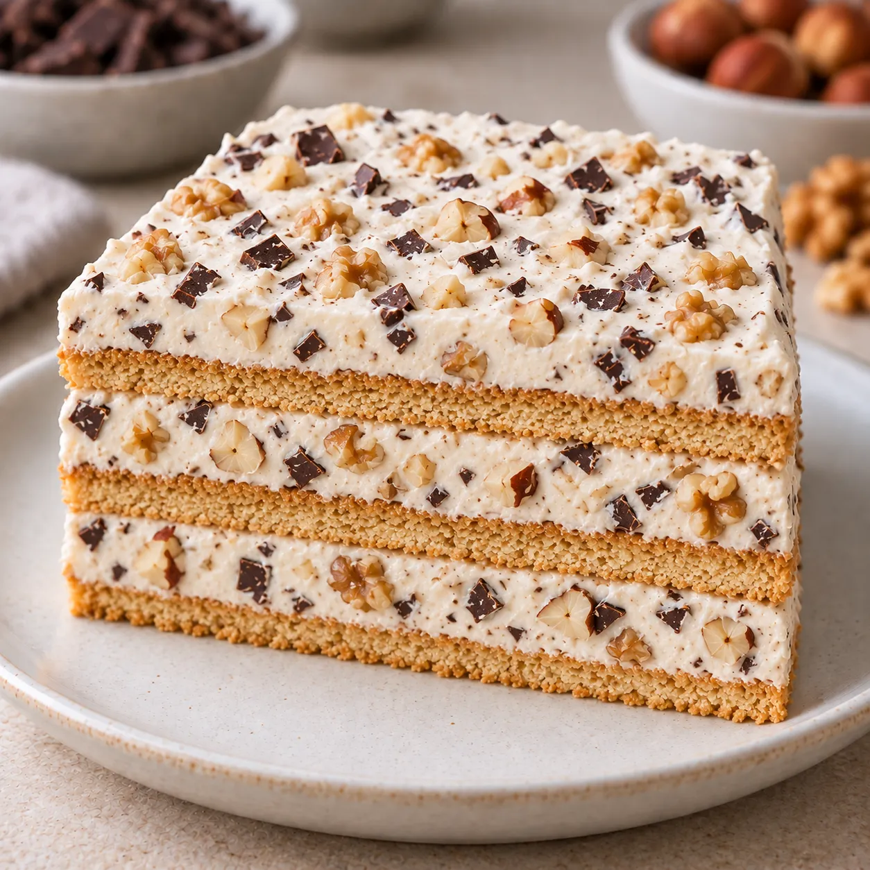 No-bake biscuit cake with chocolate and hazelnuts — walnuts