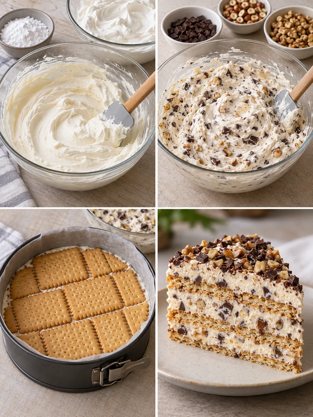 No-bake biscuit cake with chocolate and hazelnuts — walnuts