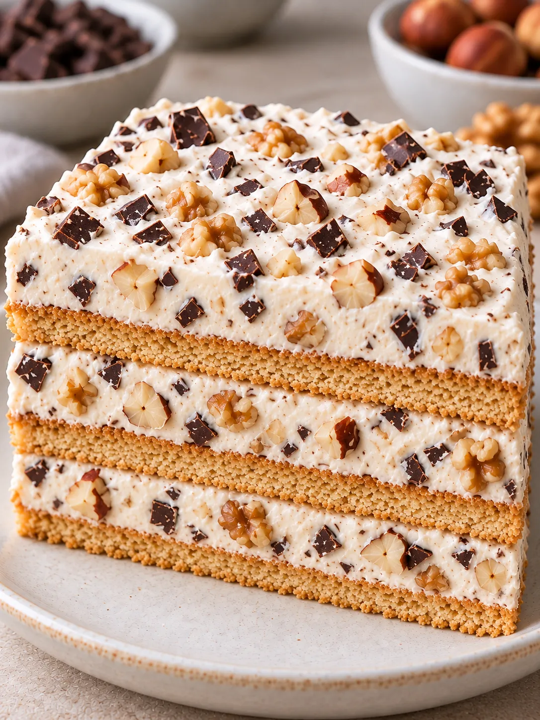 No-bake biscuit cake with chocolate and hazelnuts — walnuts