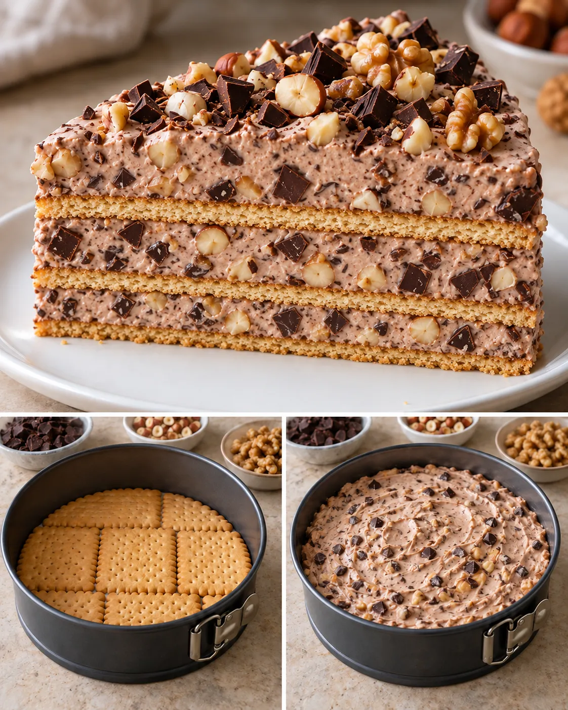 No-bake biscuit cake with chocolate and hazelnuts — walnuts