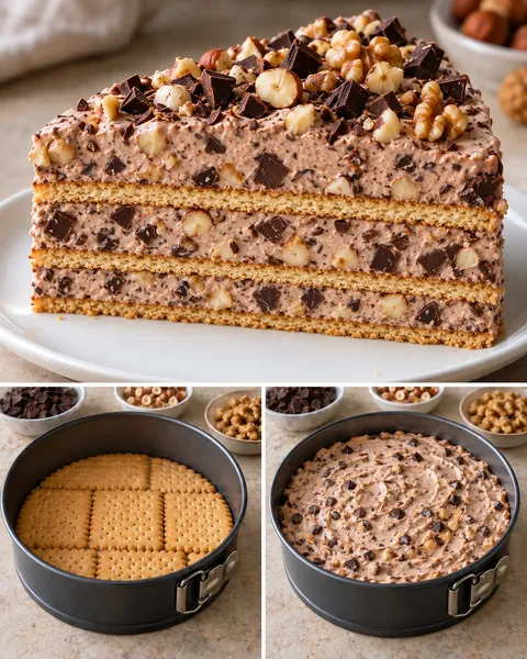 No-bake biscuit cake with chocolate and hazelnuts — walnuts