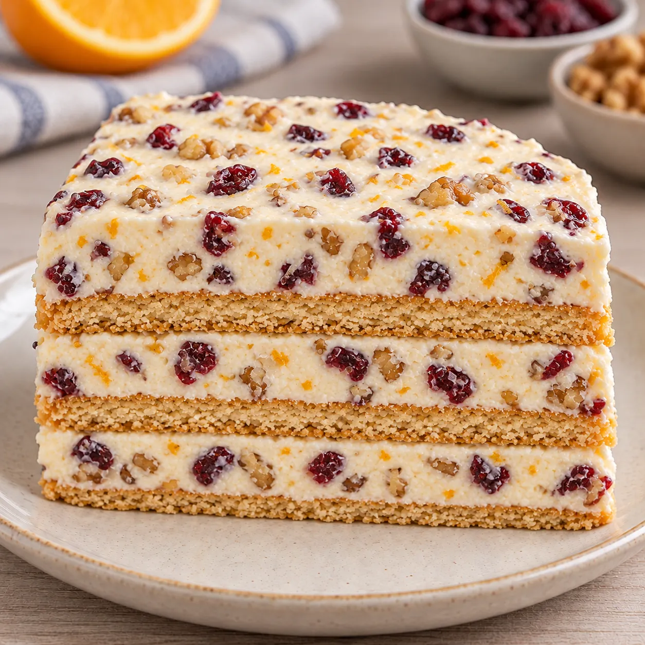 No-bake biscuit cake with cranberries and orange — walnuts