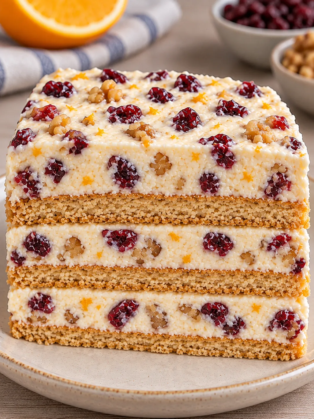 No-bake biscuit cake with cranberries and orange — walnuts