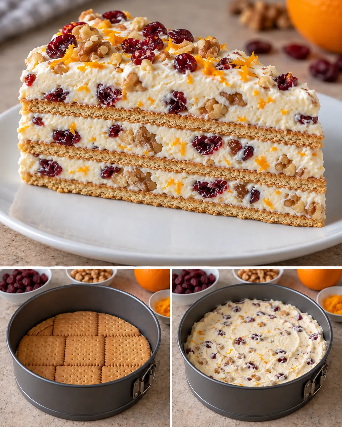 No-bake biscuit cake with cranberries and orange — walnuts