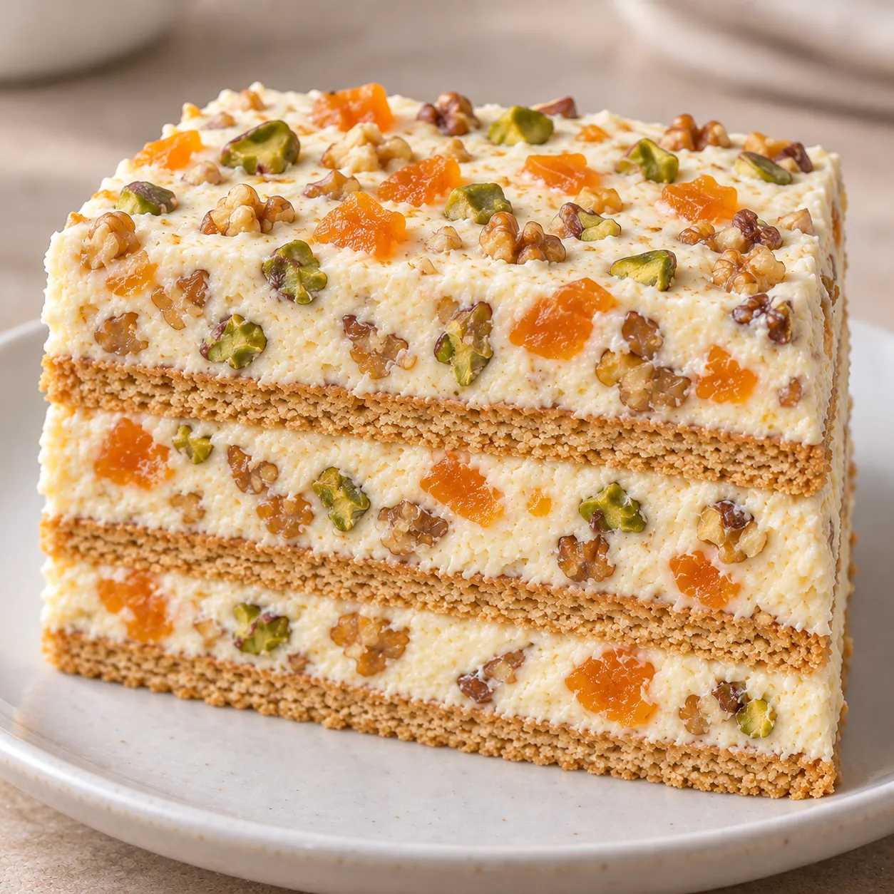 No-bake biscuit cake with apricots and pistachios — walnuts