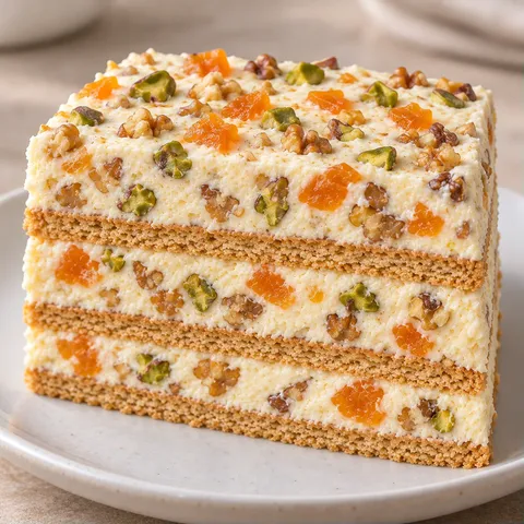 No-bake biscuit cake with apricots and pistachios — walnuts