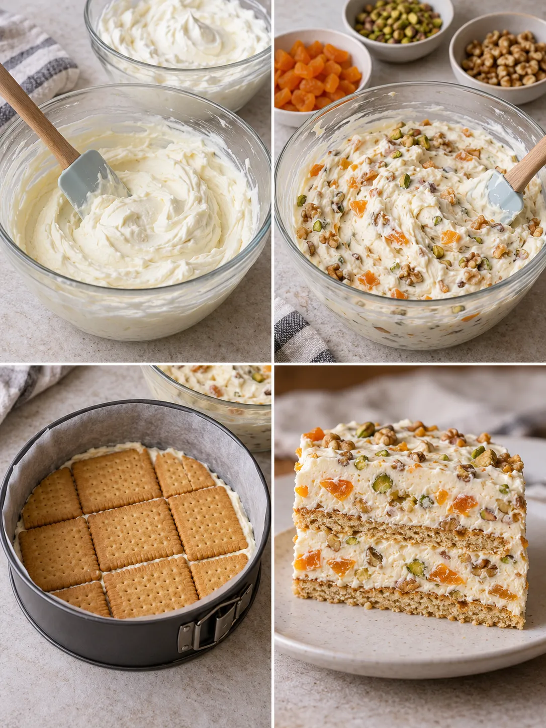 No-bake biscuit cake with apricots and pistachios — walnuts