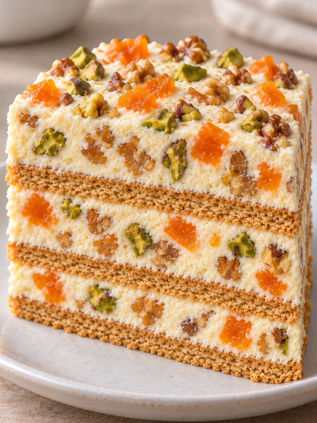 No-bake biscuit cake with apricots and pistachios — walnuts